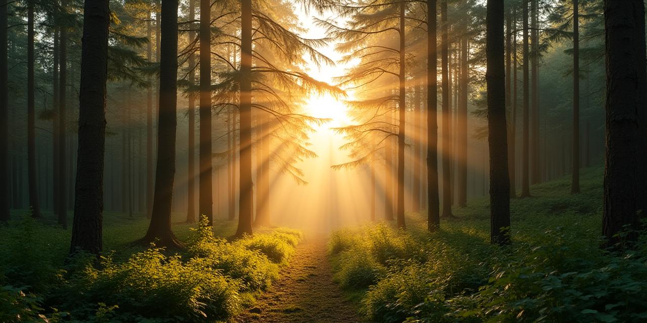 Übersicht über einen dichten, gesunden Wald bei Sonnenaufgang, symbolisch für nachhaltige Holzquellen.